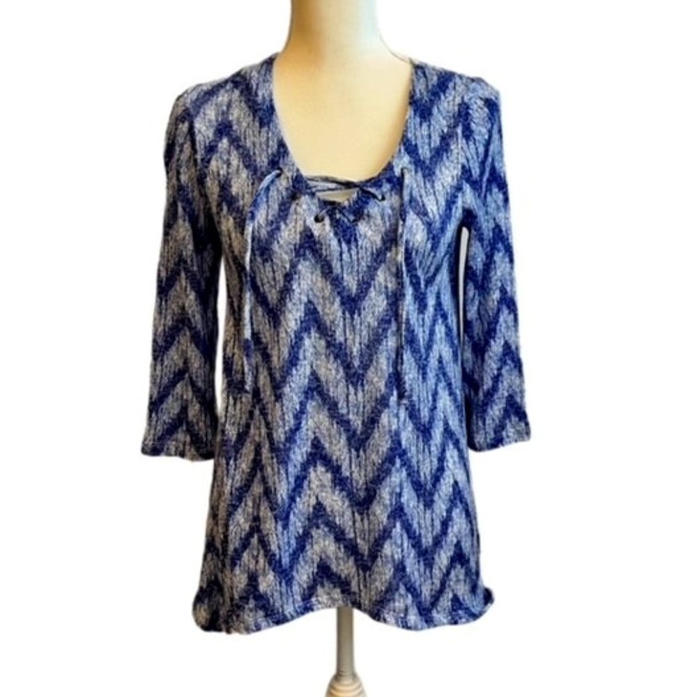 Fred David Front Tie Lace Up Tunic Blue and White Size S